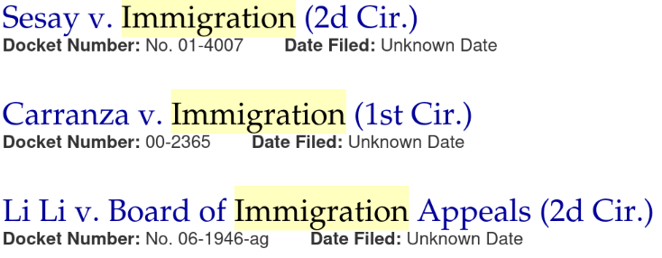 A screenshot showing case names as results, demonstrating that they lack any indented filings below.