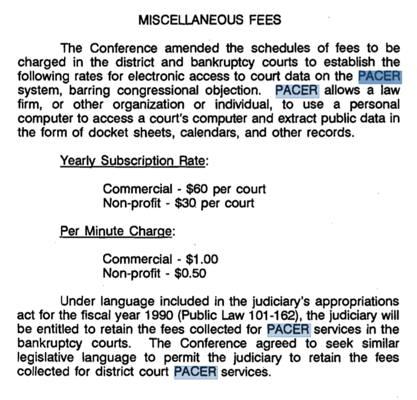 Screenshot of PACER fee changes