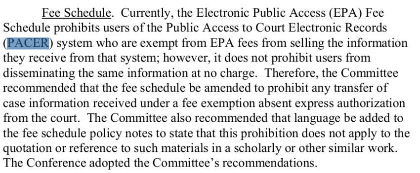 Screenshot of PACER fee changes